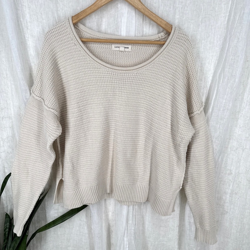 Lucky Brand Roll Neck Sweater L Minimalist Boho Coastal Fisherman Granola Cream